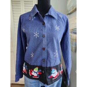 Lemon Grass Women's size Medium PETITE Gingham Christmas Button Top Black & Blue